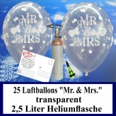 Luftballons zur Hochzeit steigen lassen, 25 Luftballons Mr. & Mrs., transparent, mit der 2,5 Liter Ballongas-Heliumflasche