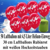Luftballons zur Hochzeit steigen lassen, 50 Luftballons Hochzeitstauben, rubinrot, mit der 4,5 Liter Ballongas-Helium-Einwegflasche