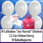 Luftballons zur Hochzeit steigen lassen, Rundluftballons perlmutt-elfenbein, Just Married, Helium-Einweg Set mit Ballonflugkarten