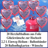Luftballons zur Hochzeit steigen lassen, rote Herzluftballons aus Folie, Glückwünsche zur Hochzeit, Helium-Einweg Set mit Ballonflugkarten