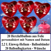 Luftballons zur Hochzeit steigen lassen, rote Herzluftballons aus Folie, personalisiert, mit Namen des Hochzeitspaares und Datum des Hochzeitstages, Helium-Einweg Set mit Ballonflugkarten