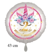 Magische Geburtstagswünsche, 2. Geburtstag, Luftballon aus Folie, Satin de Luxe, weiß, Unicorn Flowers