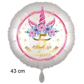 Magische Geburtstagswünsche, 5. Geburtstag, Luftballon aus Folie, Satin de Luxe, weiß, Unicorn Flowers
