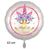 Magische Geburtstagswünsche, 8. Geburtstag, Luftballon aus Folie, Satin de Luxe, weiß, Unicorn Flowers