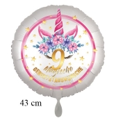 Magische Geburtstagswünsche, 9. Geburtstag, Luftballon aus Folie, Satin de Luxe, weiß, Unicorn Flowers