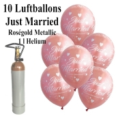 Mini-Set zur Hochzeit mit 10 roségoldenen Just Married Luftballons, Heliumflasche und Bändern