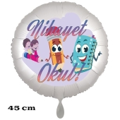 Luftballon aus Folie, 45 cm, inklusive Helium, Satin de Luxe, weiß zur Einschulung: Nihayet Okul!