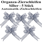 Organza Zierschleifen Silber, 5 Stück, 22 mm, Automatik-Ziehschleifen