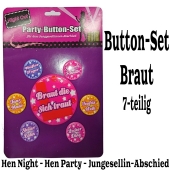 Party-Button-Set Braut zu Hen Night, Hen Party und Junggesellinnenabschied