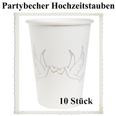 Partybecher zur Hochzeitsparty, 10 weiße Becher mit Hochzeitstauben und Herzen