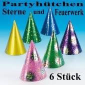 Bunte Partyhütchen mit Sternen und Feuerwerk, 6 Stück im Sortiment