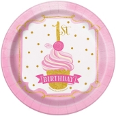 8 Mini-Partyteller 1st Birthday Pink & Gold zum 1. Kindergeburtstag, Maedchen