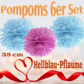Pompoms in Hellblau und Pflaume, 35 cm, 6er Set