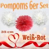 Pompoms in Weiß und Rot, 35 cm, 6er Set