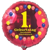 Luftballon aus Folie zum 1. Geburtstag, roter Rundballon, Balloons, Herzlichen Glückwunsch, inklusive Ballongas