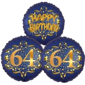 Satin Navy & Gold 64 Happy Birthday, Luftballons aus Folie zum 64. Geburtstag, inklusive Helium