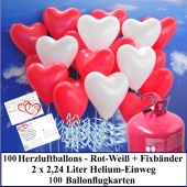 Luftballons zur Hochzeit steigen lassen, 100 rote und weiße Herzluftballons Helium-Einweg Set mit Ballonflugkarten