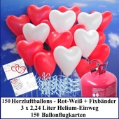 Luftballons zur Hochzeit steigen lassen, 150 rote und weiße Herzluftballons Helium-Einweg Set mit Ballonflugkarten