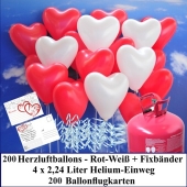 Luftballons zur Hochzeit steigen lassen, 200 rote und weiße Herzluftballons Helium-Einweg Set mit Ballonflugkarten
