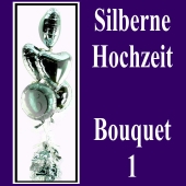 Silberne Hochzeit, Bouquet 1, 3 silberne Herzluftballons und 2 silberne Luftballons Zahl 25, alle Folienballons mit Ballongas