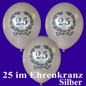 Silberne Luftballons Zahl 25 im Lorbeerkranz