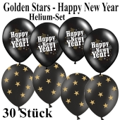 Silvester Helium Einweg Set, 10 Luftballons Happy New Year, 20 Luftballons Golden Stars