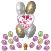 5 Helium-Luftballons Bouquet mit Herzballon  "Viel Glück im Neuen Jahr" satin de luxe