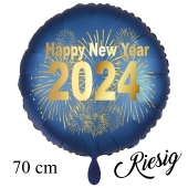 Großer Silvester Luftballon: 2024 Feuerwerk Satin de Luxe, blau, 70 cm