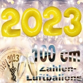 Zahlendekoration Silvester 2023, gelb, 1 m grosse Zahlen, befüllbare Ballons aus Folie