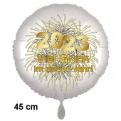 Silvester Luftballon: 2023 Viel Glück im neuen Jahr! Satin de Luxe, weiß, 45 cm