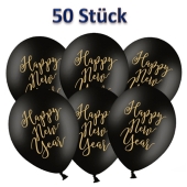 Luftballons Silvester, Happy New Year, schwarz-gold, 50 Stück