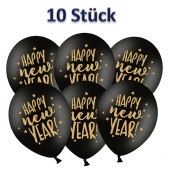 Luftballons Silvester, Happy New Year, schwarz-gold, 10 Stück