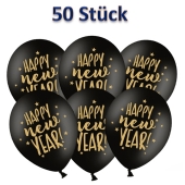 Luftballons Silvester, Happy New Year, schwarz-gold, 50 Stück