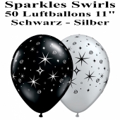 Luftballons zu Silvester und Neujahr, Sparkles, Swirls, silber, schwarz, 50 Stück