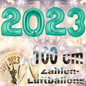 Silvester 2023, aquamarin,1 m grosse Zahlen, befüllbare Ballons aus Folie