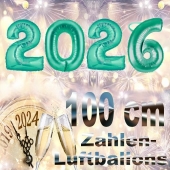 Silvester 2026, aquamarin,1 m grosse Zahlen, befüllbare Ballons aus Folie