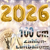 Zahlendekoration Silvester 2026, gold, 1 m grosse Zahlen befüllbare Ballons aus Folie