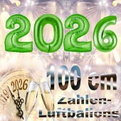 Zahlendekoration Silvester 2026, grün,1 m grosse Zahlen, befüllbare Ballons aus Folie
