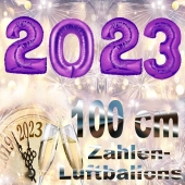 Zahlendekoration Silvester 2023, lila,1 m grosse Zahlen, befüllbare Ballons aus Folie
