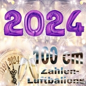 Zahlendekoration Silvester 2024, lila,1 m grosse Zahlen, befüllbare Ballons aus Folie