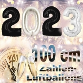 Zahlendekoration zu Silvester 2023 schwarze und silberne Zahlenluftballons