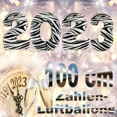 Zahlendekoration Silvester 2023, Zebramuster, 1 m grosse Zahlen befüllbare Ballons aus Folie