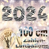 Zahlendekoration Silvester 2024, Zebramuster, 1 m grosse Zahlen befüllbare Ballons aus Folie
