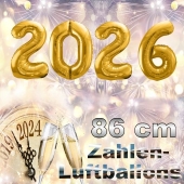 Zahlendekoration Silvester 2026 gold 86cm grosse Zahlen befüllbare Ballons aus Folie