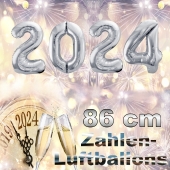 Zahlendekoration Silvester 2024 silber 86cm grosse Zahlen befüllbare Ballons aus Folie