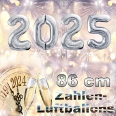 Zahlendekoration Silvester 2025 silber 86cm grosse Zahlen befüllbare Ballons aus Folie