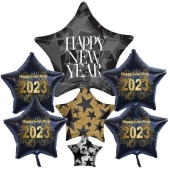 Silvesterdeko Ballon-Bouquet: 1 Cluster-Luftballon Happy New Year und 4 schwarze Sternballons 2023