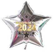 Sternluftballon in Silber aus Folie zu Silvester und Neujahr, Happy New Year, Silvesterdeko 2024