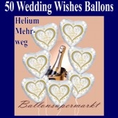 50 Luftballons aus Folie, Hochzeit, Wedding Wishes mit dem Helium-Mehrweg-Behälter