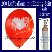 Just Married Luftballons, Glückwünsche - Namen eintragen, 200 Luftballons mit Heliumflasche